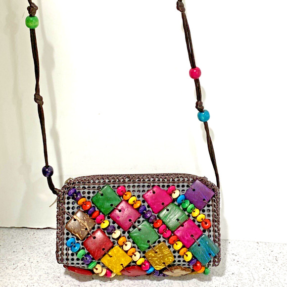 Boho Tribal Beaded Crossbody Bag Mini Purse Wallet Double Zippers Colorful Beads - Picture 9 of 9